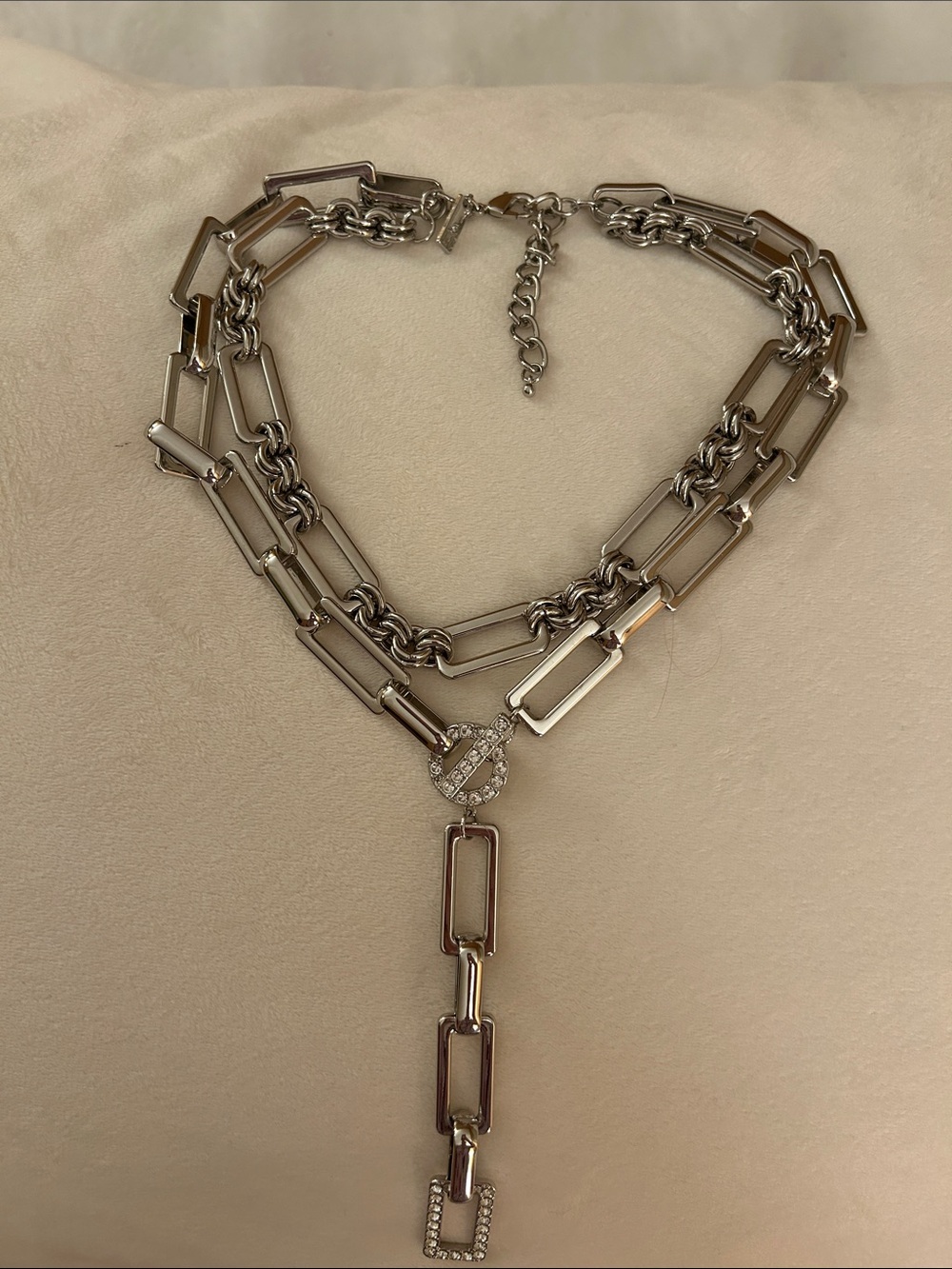 Silver Multi-Link Y-Necklace with Crystal Accent